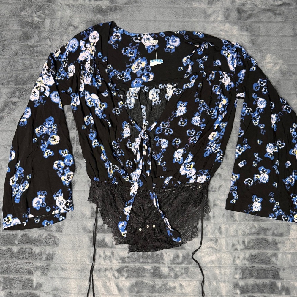 Intimately Free People Floral Lace Bodysuit Black Blue Bell Sleeve Medium